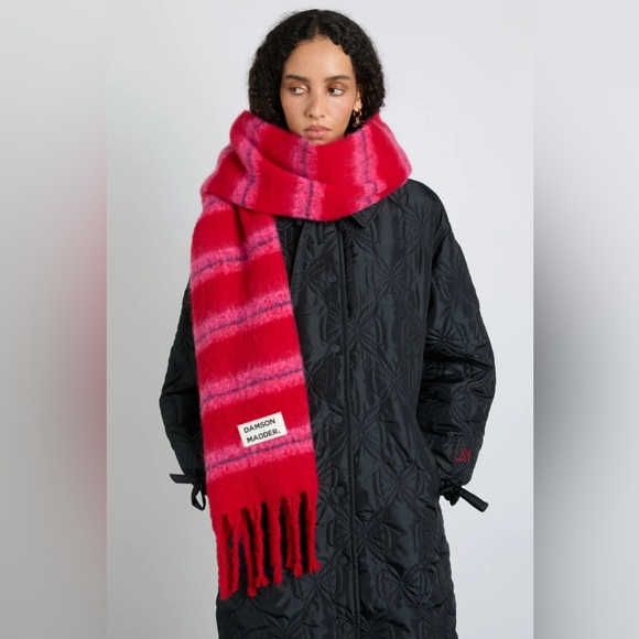 Damson Madder Accessories - Damson madder fluffy red and pink striped scarf